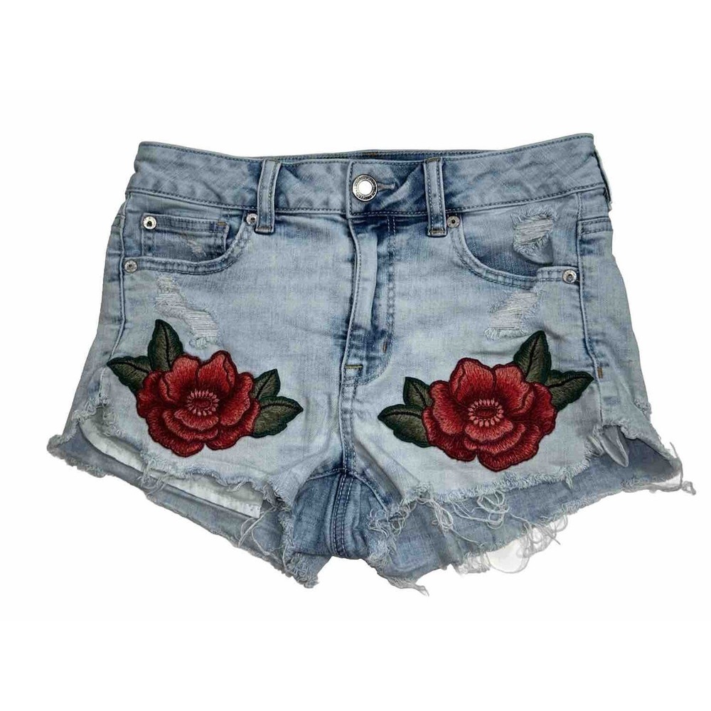 Women's American Eagle Super Stretch Hi Rise Shortie Denim Jean Shorts 4 Rose